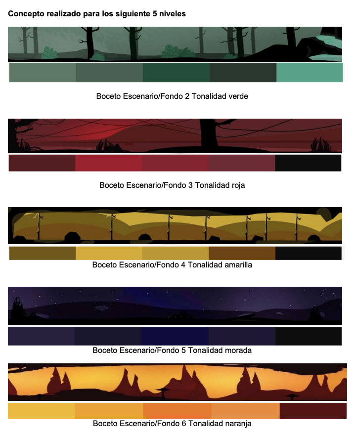 Level palette studies: three horizontal strips of six colours each, moving from cool blues through fiery oranges to soft pinks.