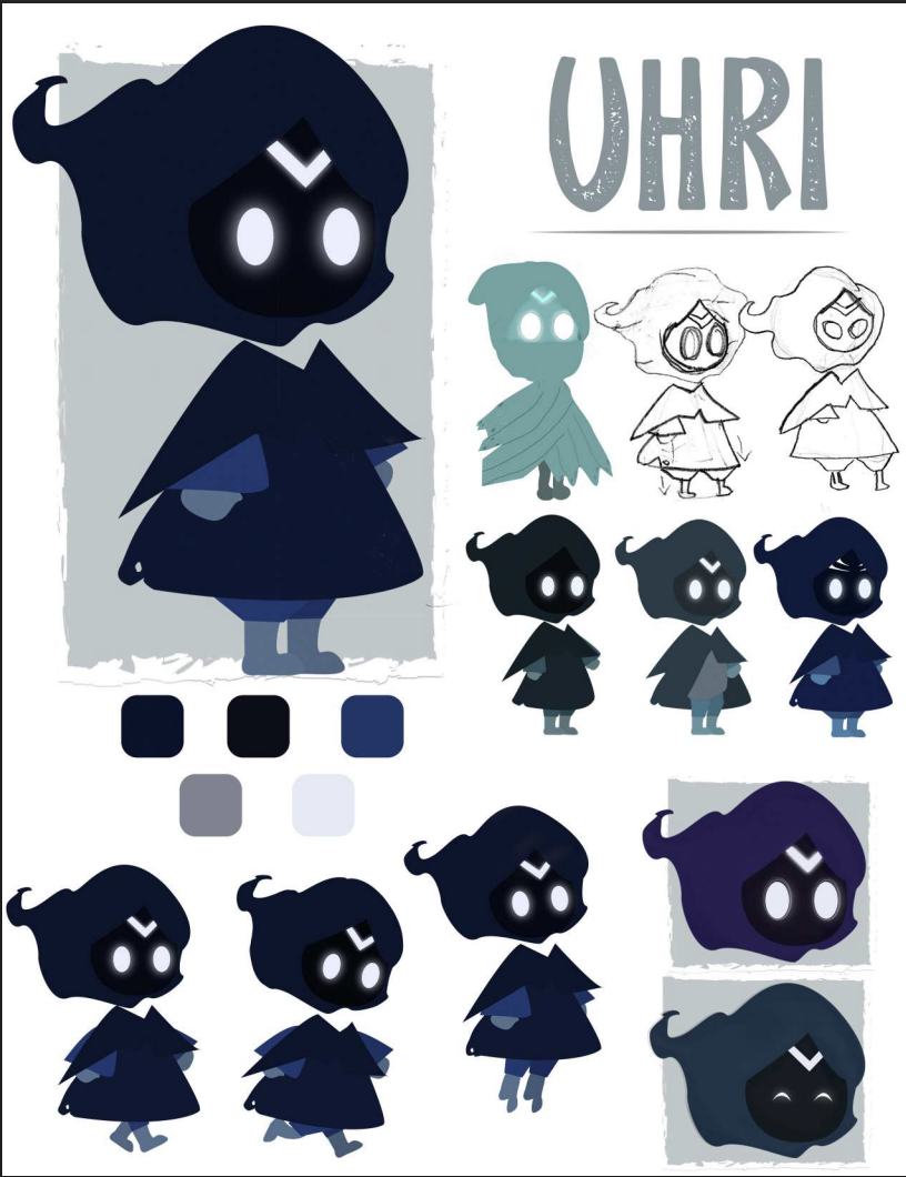 Character reference sheet for Uhri, the child protagonist, showing silhouette variations across emotional states.