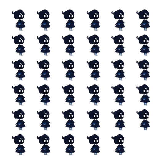Sprite sheet of hand-drawn animation frames for the protagonist’s walk, idle and climb cycles.